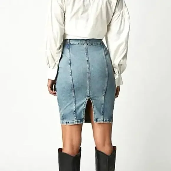 WE THE FREE / FREE PEOPLE Dom Denim Jean Skirt Womens SZ 8 Midi Stretch Pencil - Picture 2 of 9